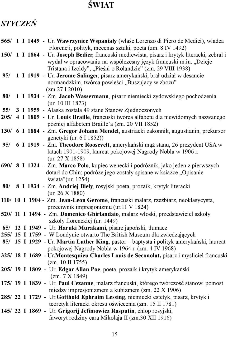 29 VIII 1938) 95/ 1 I 1919 - Ur. Jerome Salinger, pisarz amerykański, brał udział w desancie normandzkim, twórca powieści Buszujacy w zbożu (zm.27 I 2010) 80/ 1 I 1934 - Zm.