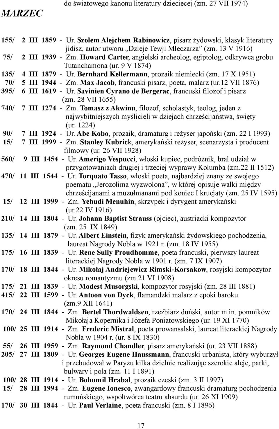 Howard Carter, angielski archeolog, egiptolog, odkrywca grobu Tutanchamona (ur. 9 V 1874) 135/ 4 III 1879 - Ur. Bernhard Kellermann, prozaik niemiecki (zm. 17 X 1951) 70/ 5 III 1944 - Zm.