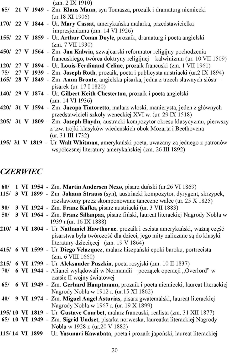 Jan Kalwin, szwajcarski reformator religijny pochodzenia francuskiego, twórca doktryny religijnej kalwinizmu (ur. 10 VII 1509) 120/ 27 V 1894 - Ur. Louis-Ferdinand Celine, prozaik francuski (zm.