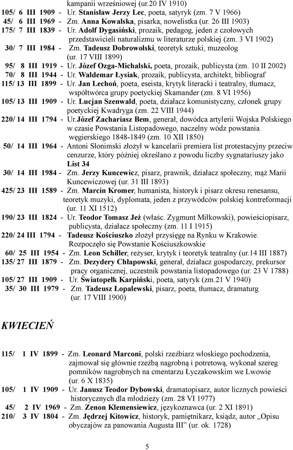 Tadeusz Dobrowolski, teoretyk sztuki, muzeolog (ur. 17 VIII 1899) 95/ 8 III 1919 - Ur. Józef Ozga-Michalski, poeta, prozaik, publicysta (zm. 10 II 2002) 70/ 8 III 1944 - Ur.