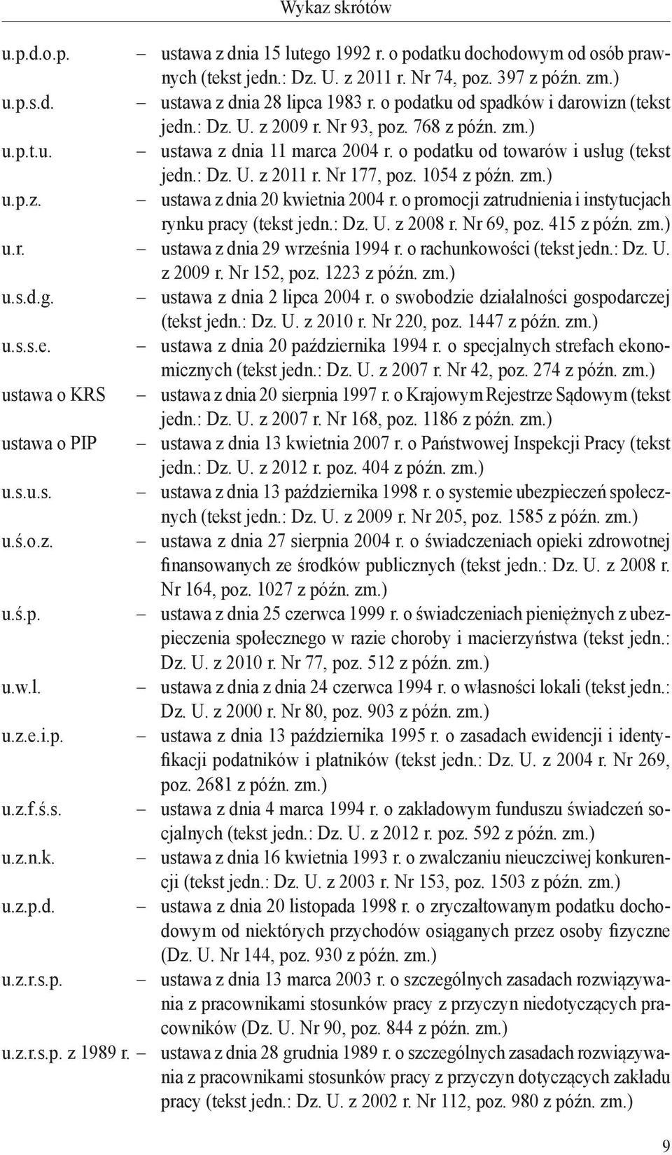 Nr 177, poz. 1054 z późn. zm.) u.p.z. ustawa z dnia 20 kwietnia 2004 r. o promocji zatrudnienia i instytucjach rynku pracy (tekst jedn.: Dz. U. z 2008 r. Nr 69, poz. 415 z późn. zm.) u.r. ustawa z dnia 29 września 1994 r.