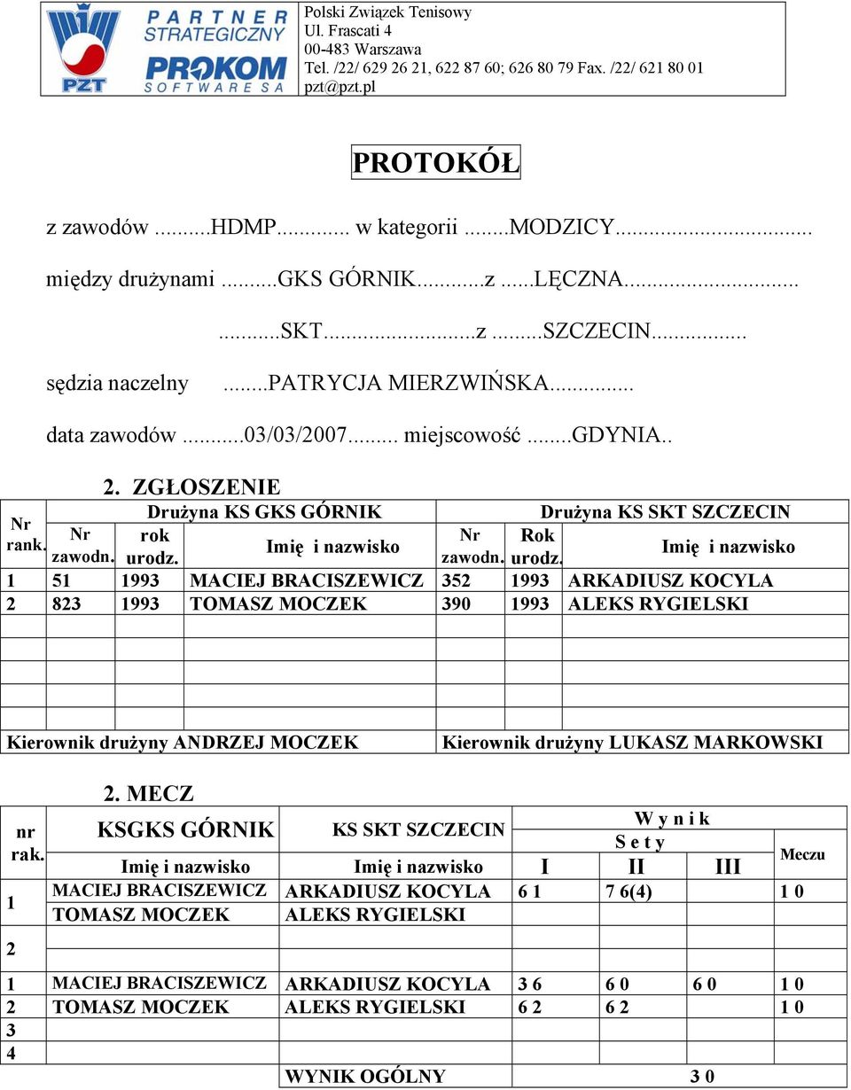 .. ZGŁOSZENIE Drużyna KS GKS GÓRNIK Drużyna KS SKT SZCZECIN Rok 5 99 MACIEJ BRACISZEWICZ 5 99 ARKADIUSZ KOCYLA 8 99 TOMASZ MOCZEK 90 99 ALEKS RYGIELSKI Kierownik drużyny