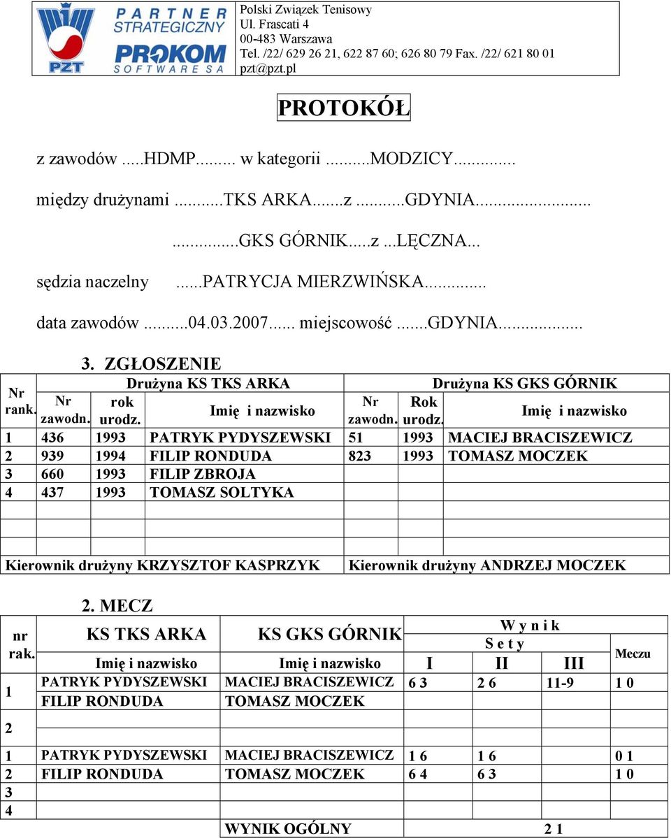 ... ZGŁOSZENIE Drużyna KS TKS ARKA Drużyna KS GKS GÓRNIK Rok 6 99 PATRYK PYDYSZEWSKI 5 99 MACIEJ BRACISZEWICZ 99 99 FILIP RONDUDA 8 99 TOMASZ MOCZEK 660 99 FILIP ZBROJA 7 99 TOMASZ