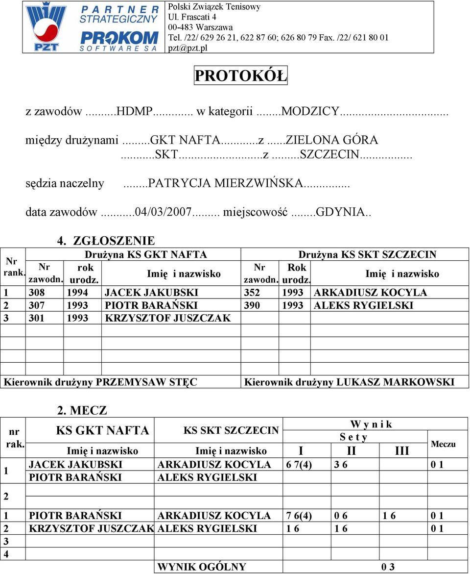 .. ZGŁOSZENIE Drużyna KS GKT NAFTA Drużyna KS SKT SZCZECIN Rok 08 99 JACEK JAKUBSKI 5 99 ARKADIUSZ KOCYLA 07 99 PIOTR BARAŃSKI 90 99 ALEKS RYGIELSKI 0 99 KRZYSZTOF JUSZCZAK