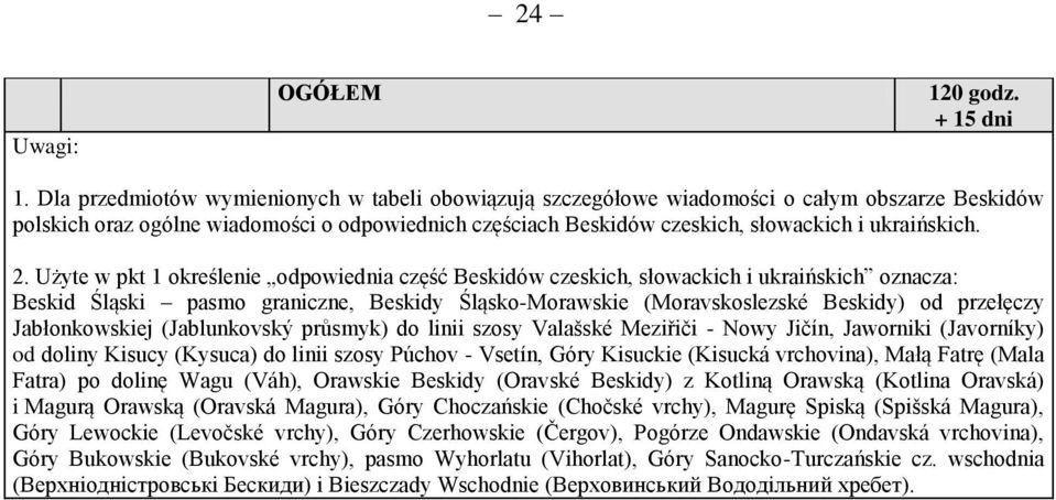 2. Użyte w pkt 1 określenie odpowiednia część Beskidów czeskich, słowackich i ukraińskich oznacza: Beskid Śląski pasmo graniczne, Beskidy Śląsko-Morawskie (Moravskoslezské Beskidy) od przełęczy