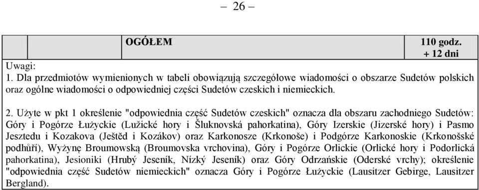 Użyte w pkt 1 określenie "odpowiednia część Sudetów czeskich" oznacza dla obszaru zachodniego Sudetów: Góry i Pogórze Łużyckie (Lužické hory i Šluknovská pahorkatina), Góry Izerskie (Jizerské hory) i