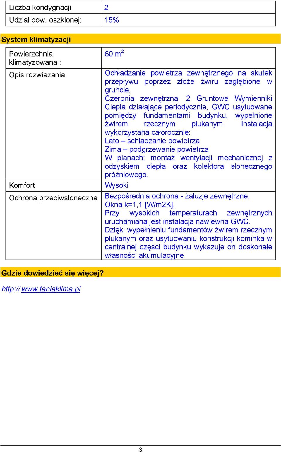 Czerpnia zewnętrzna, 2 Gruntowe Wymienniki Ciepła działające periodycznie, GWC usytuowane pomiędzy fundamentami budynku, wypełnione żwirem rzecznym płukanym.