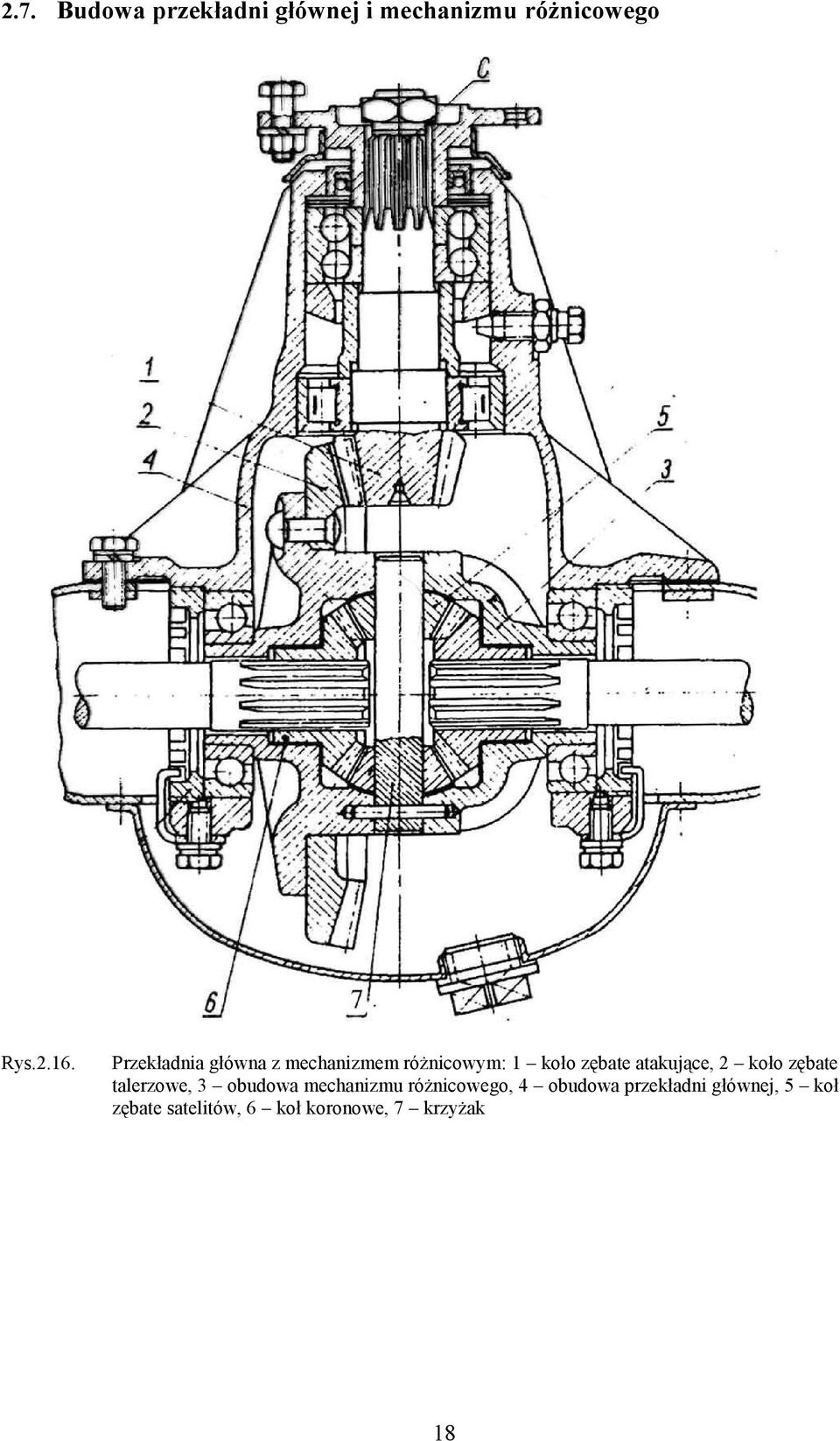 2 koło zębate talerzowe, 3 obudowa mechanizmu różnicowego, 4 obudowa