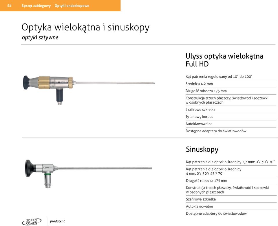 adaptery do światłowodów Sinuskopy Kąt patrzenia dla optyk o średnicy 2,7 mm: 0 / 30 / 70 Kąt patrzenia dla optyk o średnicy 4 mm: 0 / 30 / 45 / 70 Długość