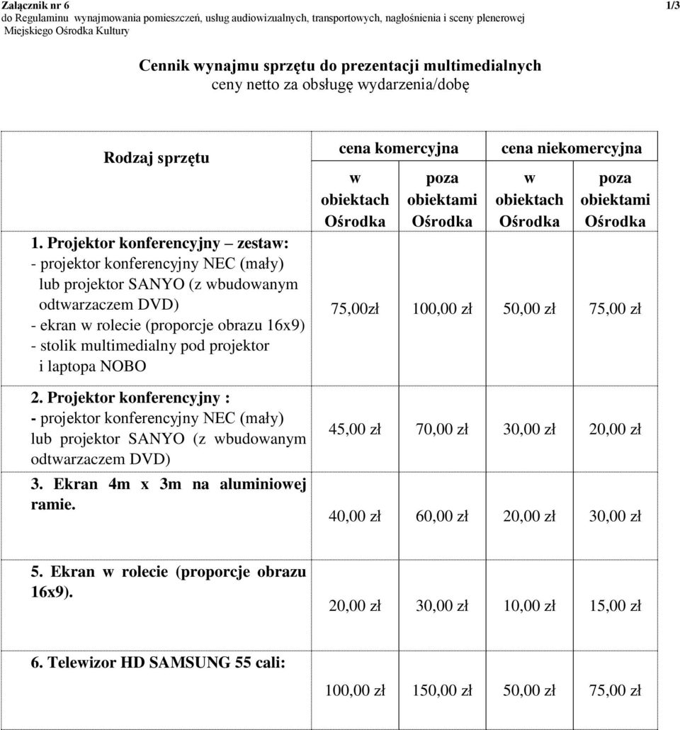 i laptopa NOBO 2. Projektor konferencyjny : - projektor konferencyjny NEC (mały) lub projektor SANYO (z wbudowanym odtwarzaczem DVD) 3. Ekran 4m x 3m na aluminiowej ramie.