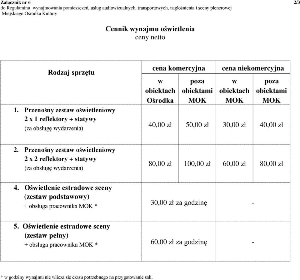 MOK 40,00 zł 50,00 zł 30,00 zł 40,00 zł 2. Przenośny zestaw oświetleniowy 2 x 2 reflektory + statywy (za obsługę ) 80,00 zł 100,00 zł 60,00 zł 80,00 zł 4.