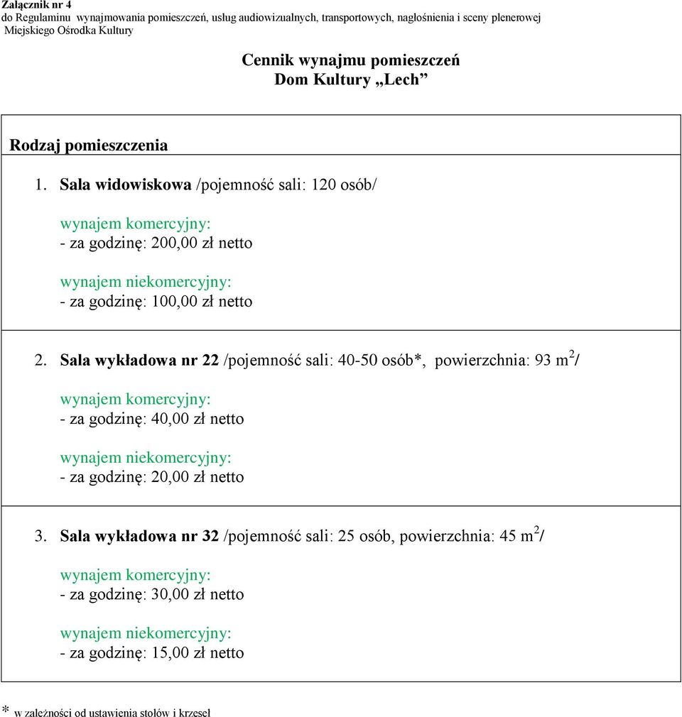 Sala wykładowa nr 22 /pojemność sali: 40-50 osób*, powierzchnia: 93 m 2 / - za godzinę: 40,00 zł netto - za godzinę: 20,00 zł