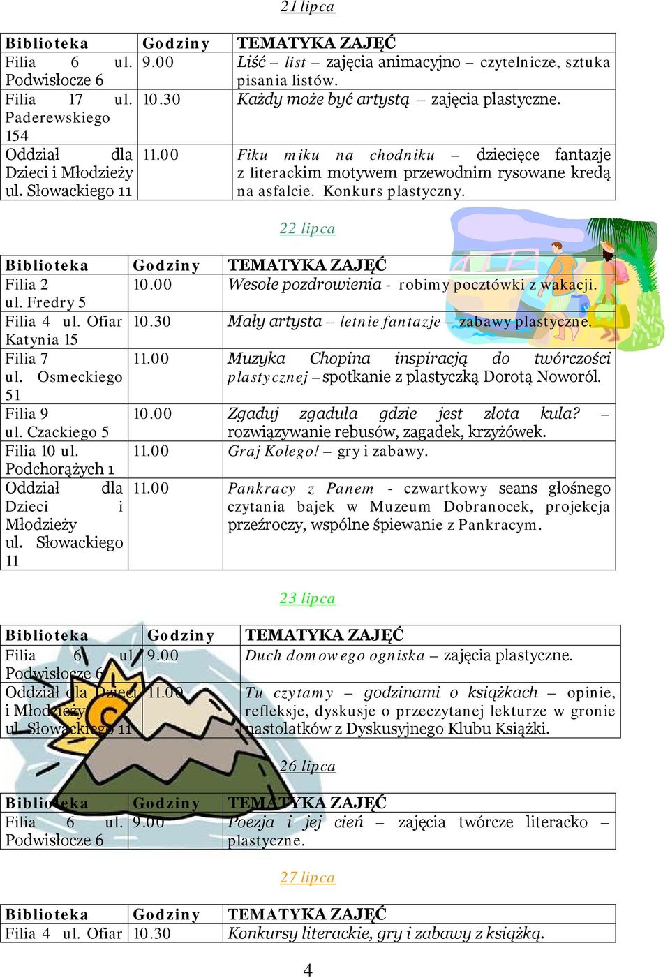 Ofiar 10.30 Mały artysta letnie fantazje zabawy plastyczne. 11.00 Muzyka Chopina inspiracją do twórczości ul. Osmeckiego plastycznej spotkanie z plastyczką Dorotą Noworól. 51 10.