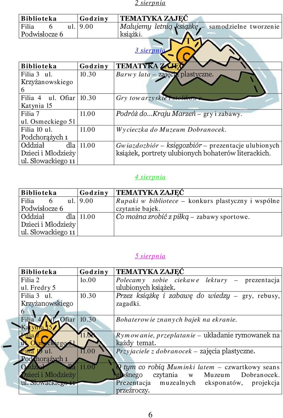 4 sierpnia Filia ul. 9.00 Rupaki w bibliotece konkurs plastyczny i wspólne czytanie bajek. 11.00 Co można zrobić z piłką zabawy sportowe. 5 sierpnia 1o.