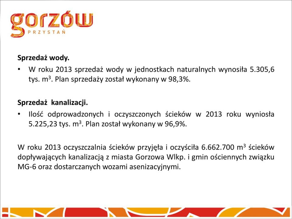 Ilość odprowadzonych i oczyszczonych ścieków w 2013 roku wyniosła 5.225,23 tys. m 3. Plan został wykonany w 96,9%.