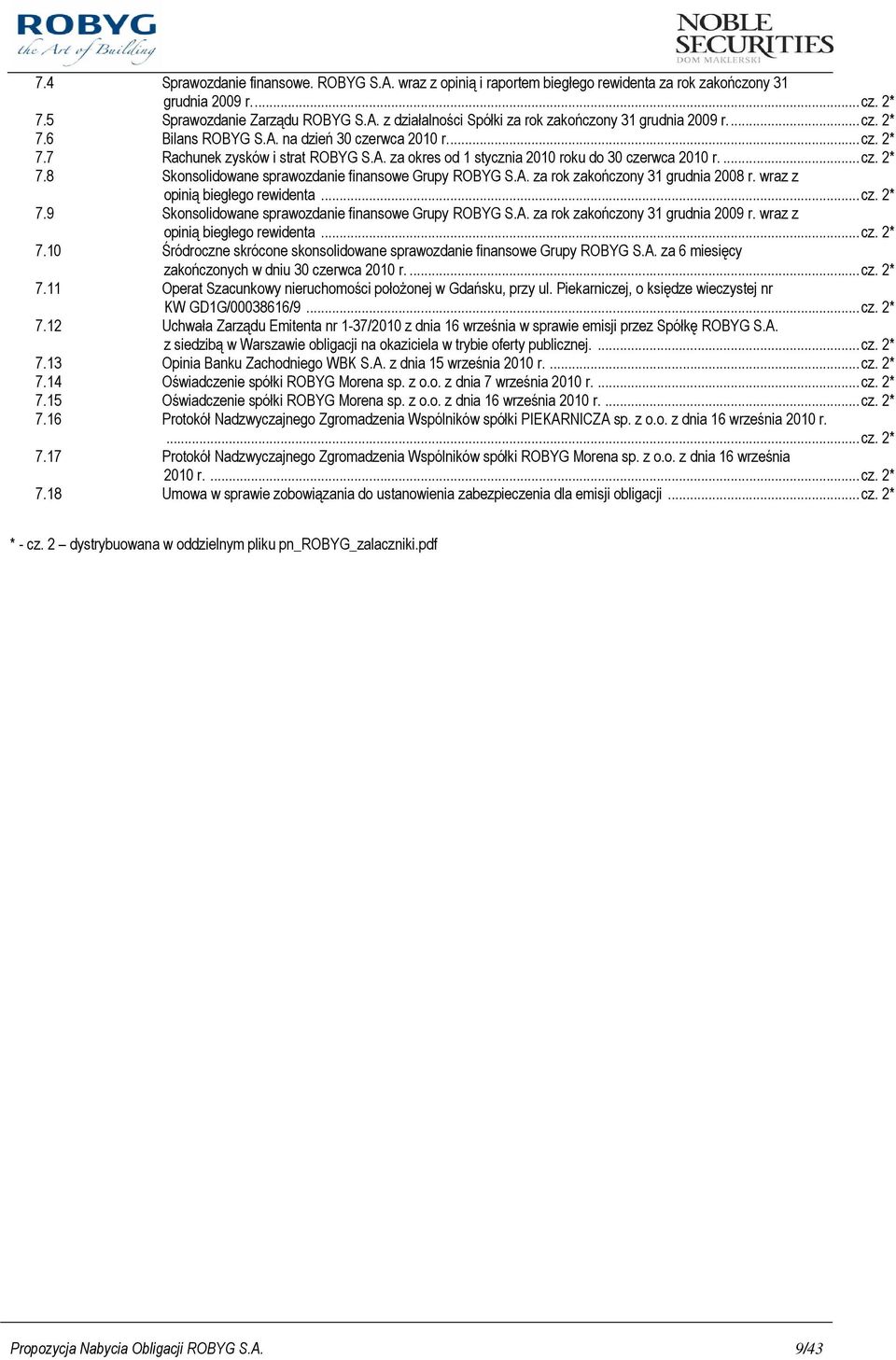 A. za rok zakończony 31 grudnia 2008 r. wraz z opinią biegłego rewidenta...cz. 2* 7.9 Skonsolidowane sprawozdanie finansowe Grupy ROBYG S.A. za rok zakończony 31 grudnia 2009 r.