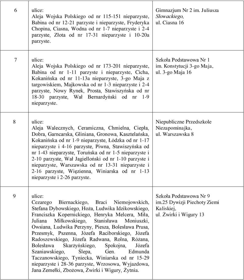 Ciasna 16 7 ulice: Aleja Wojska Polskiego od nr 173-201 nieparzyste, Babina od nr 1-11 parzyste i nieparzyste, Cicha, Kokanińska od nr 11-13a nieparzyste, 3-go Maja z targowiskiem, Majkowska od nr