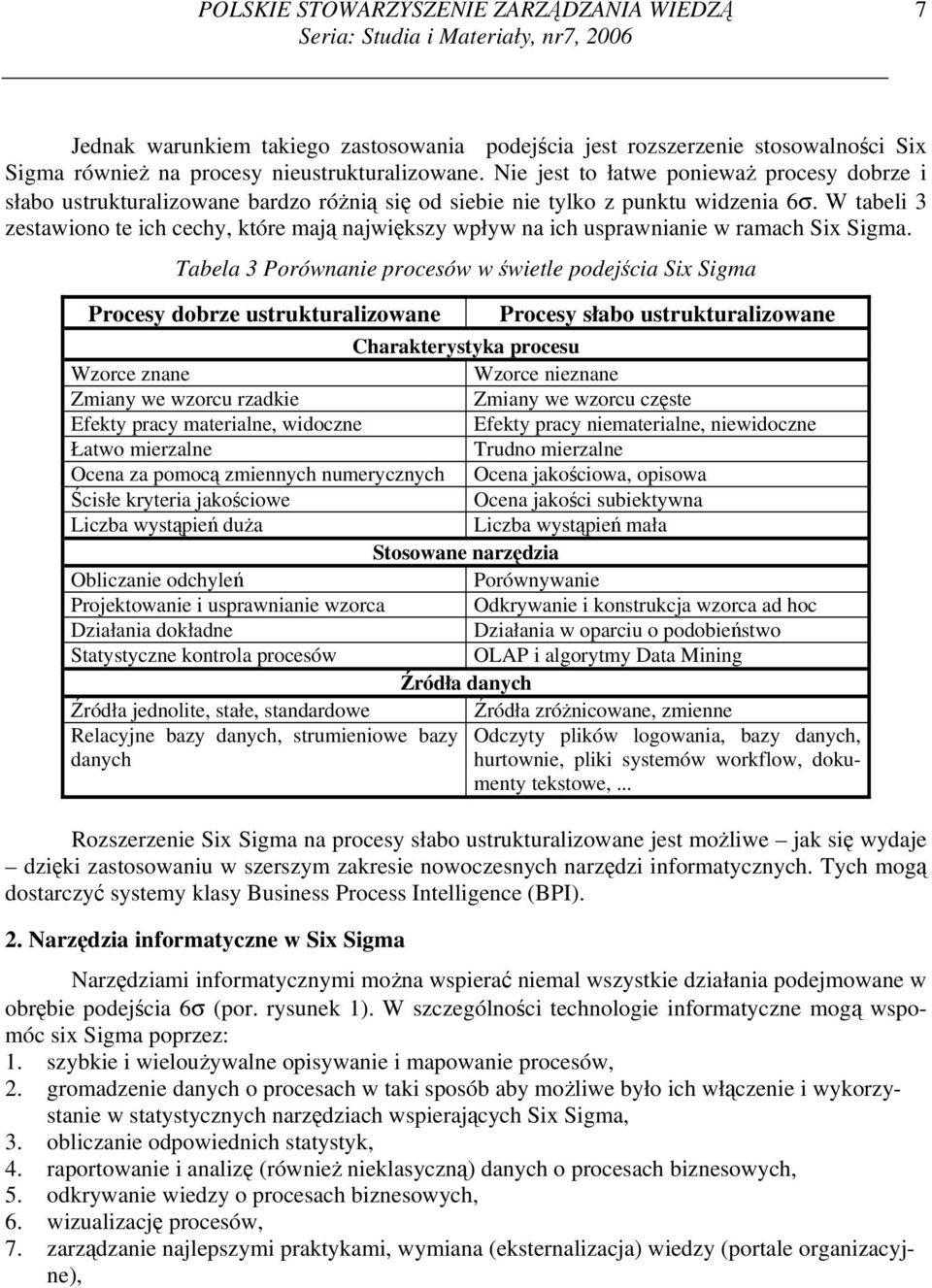 W tabeli 3 zestawiono te ich cechy, które mają największy wpływ na ich usprawnianie w ramach Six Sigma.