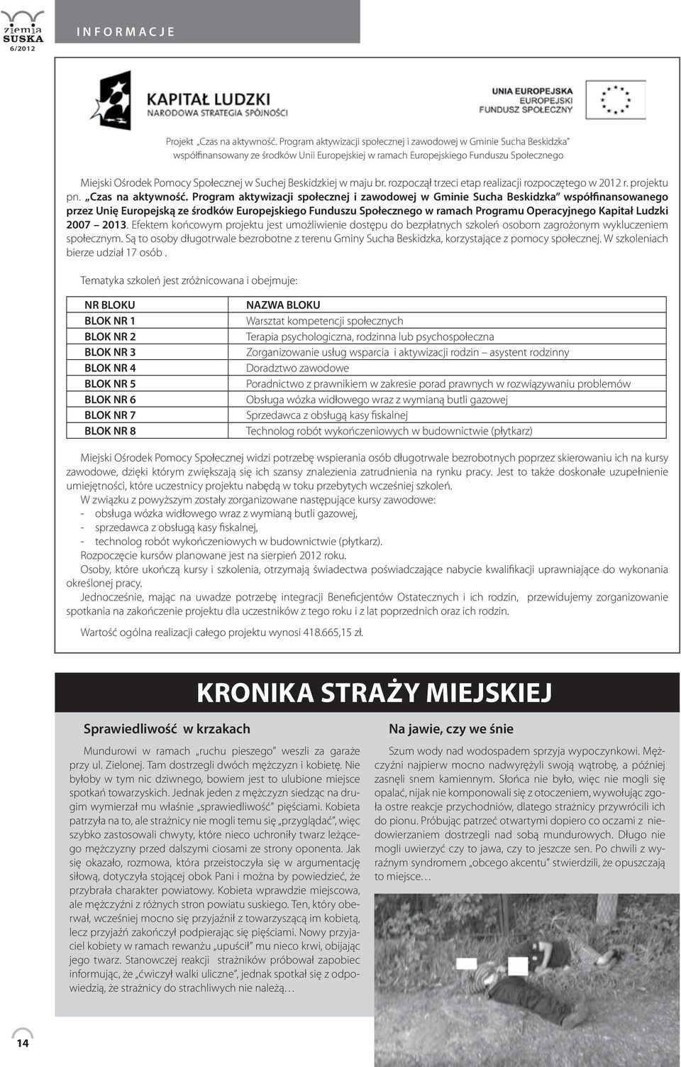 Suchej Beskidzkiej w maju br. rozpoczął trzeci etap realizacji rozpoczętego w 2012 r. projektu pn. Czas na aktywność.