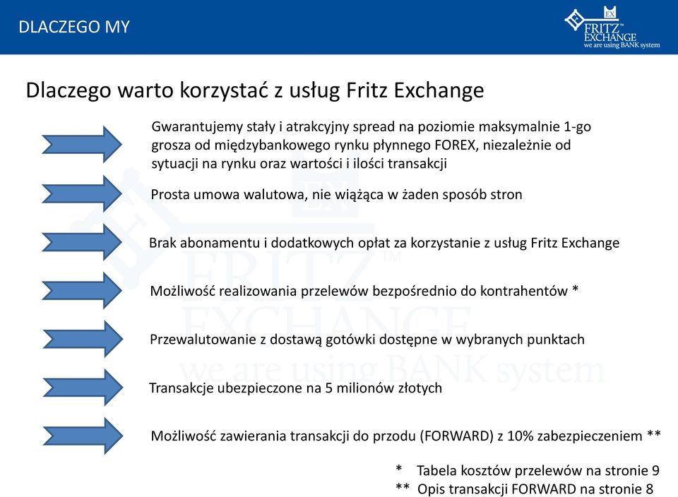usług Fritz Exchange Możliwośd realizowania przelewów bezpośrednio do kontrahentów * Przewalutowanie z dostawą gotówki dostępne w wybranych punktach Transakcje ubezpieczone na