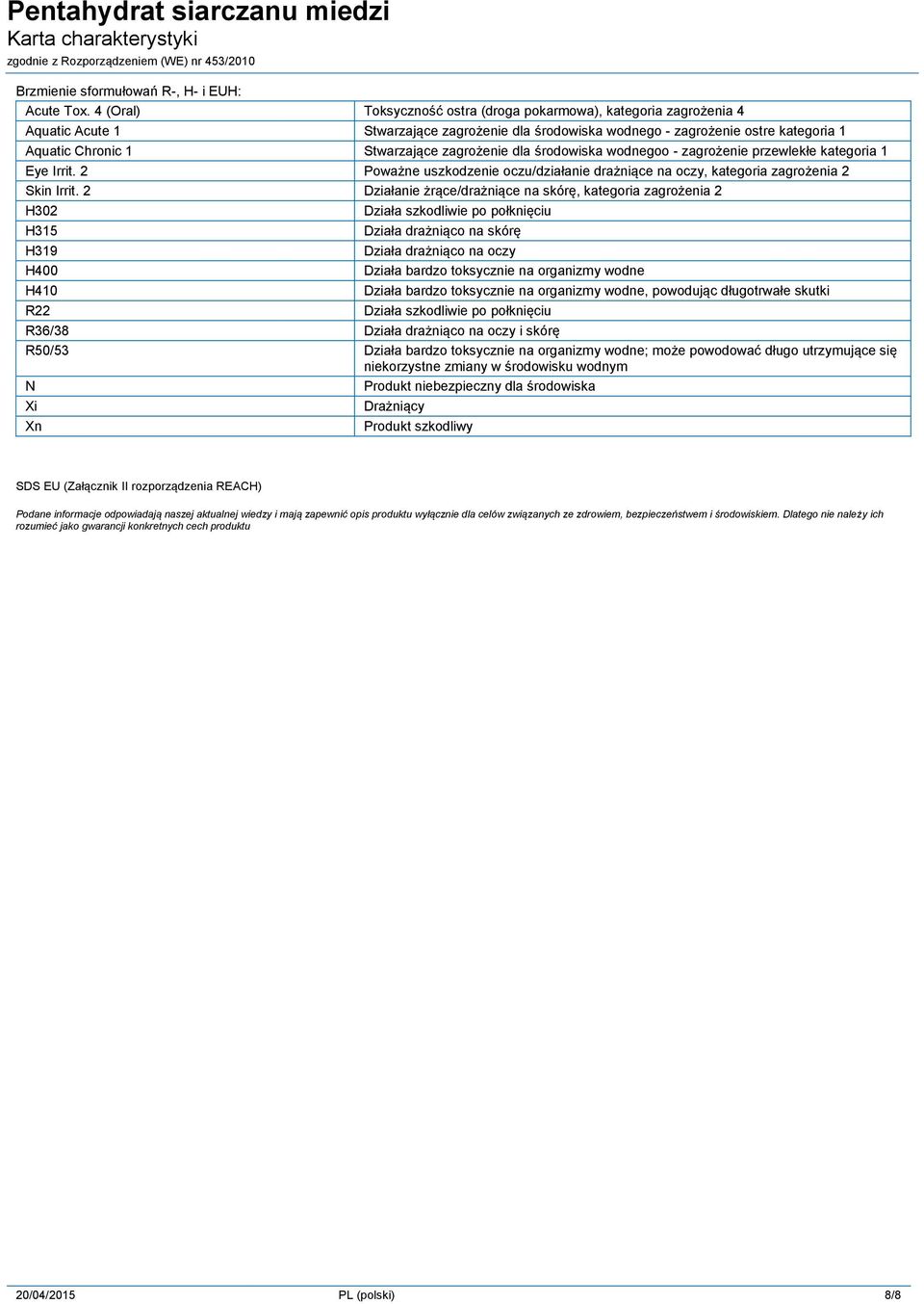 zagrożenie dla środowiska wodnegoo - zagrożenie przewlekłe kategoria 1 Eye Irrit. 2 Poważne uszkodzenie oczu/działanie drażniące na oczy, kategoria zagrożenia 2 Skin Irrit.