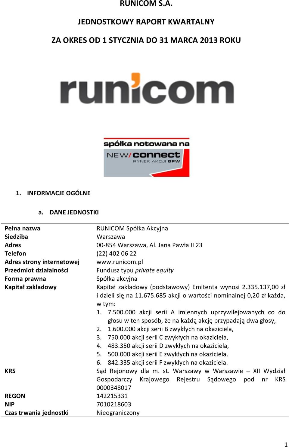 00-854 Warszawa, Al. Jana Pawła II 23 (22) 402 06 22 www.runicom.pl Fundusz typu private equity Spółka akcyjna Kapitał zakładowy (podstawowy) Emitenta wynosi 2.335.137,00 zł i dzieli się na 11.675.