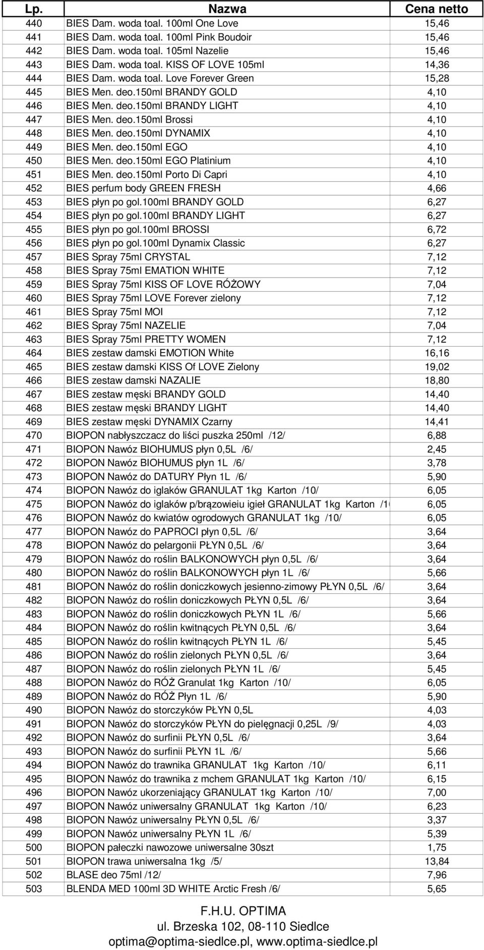 deo.150ml EGO 4,10 450 BIES Men. deo.150ml EGO Platinium 4,10 451 BIES Men. deo.150ml Porto Di Capri 4,10 452 BIES perfum body GREEN FRESH 4,66 453 BIES płyn po gol.