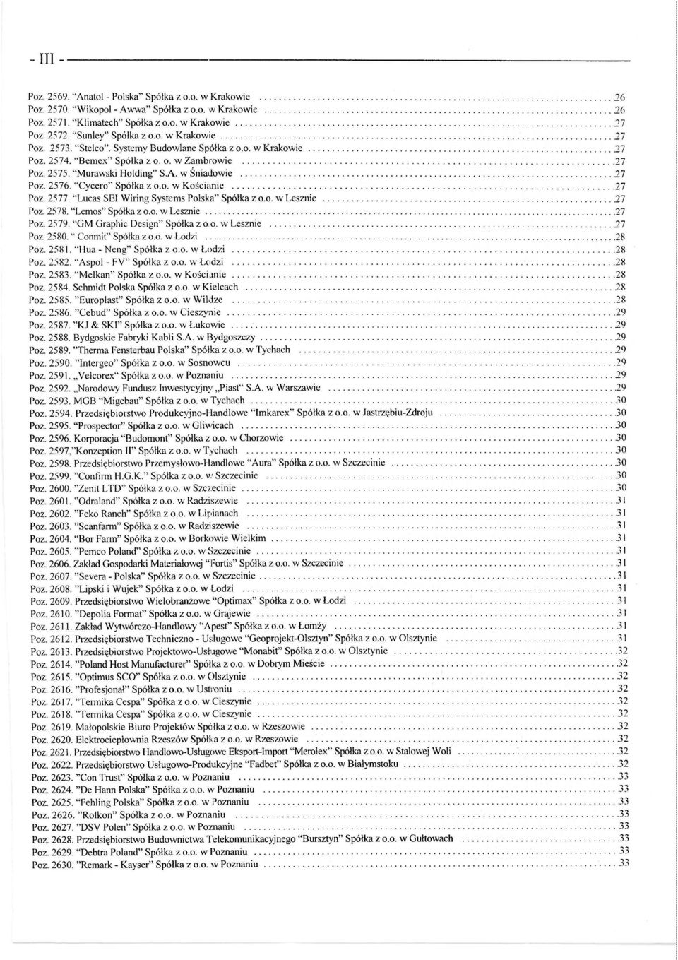 2573. "Stelco". Systemy Budowlane Spółka z o.o. w Krakowie........................... 17 Poz. 2574. "Bemex" Spółka z o. o. w Zambi'Owie...................................... 27 Poz. 2575.