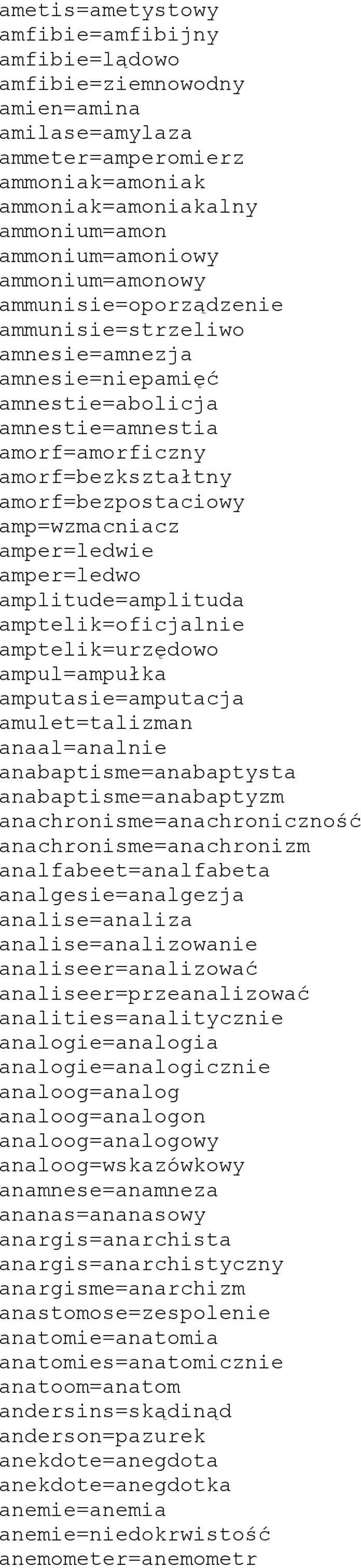 amp=wzmacniacz amper=ledwie amper=ledwo amplitude=amplituda amptelik=oficjalnie amptelik=urzędowo ampul=ampułka amputasie=amputacja amulet=talizman anaal=analnie anabaptisme=anabaptysta