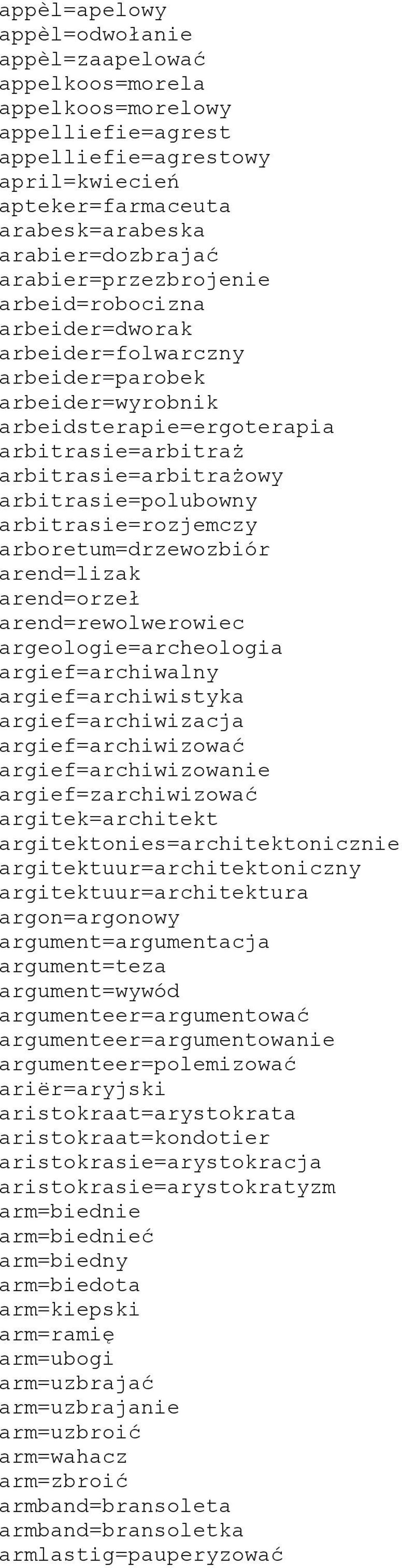 arbitrasie=polubowny arbitrasie=rozjemczy arboretum=drzewozbiór arend=lizak arend=orzeł arend=rewolwerowiec argeologie=archeologia argief=archiwalny argief=archiwistyka argief=archiwizacja