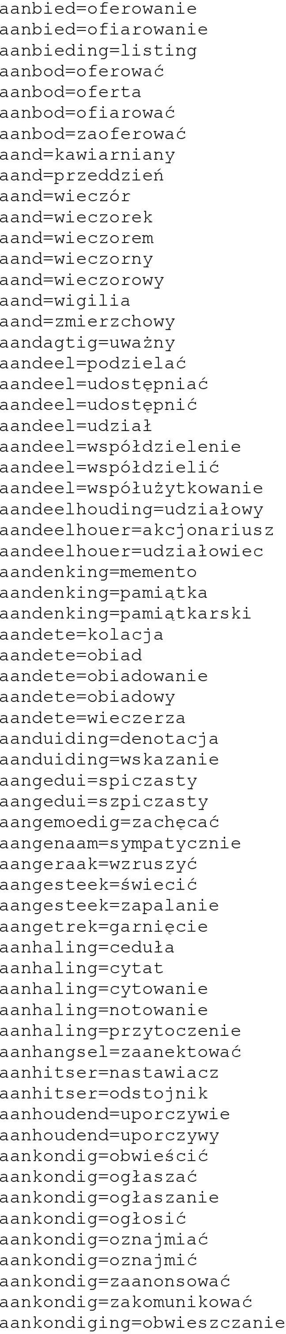 aandeel=współużytkowanie aandeelhouding=udziałowy aandeelhouer=akcjonariusz aandeelhouer=udziałowiec aandenking=memento aandenking=pamiątka aandenking=pamiątkarski aandete=kolacja aandete=obiad