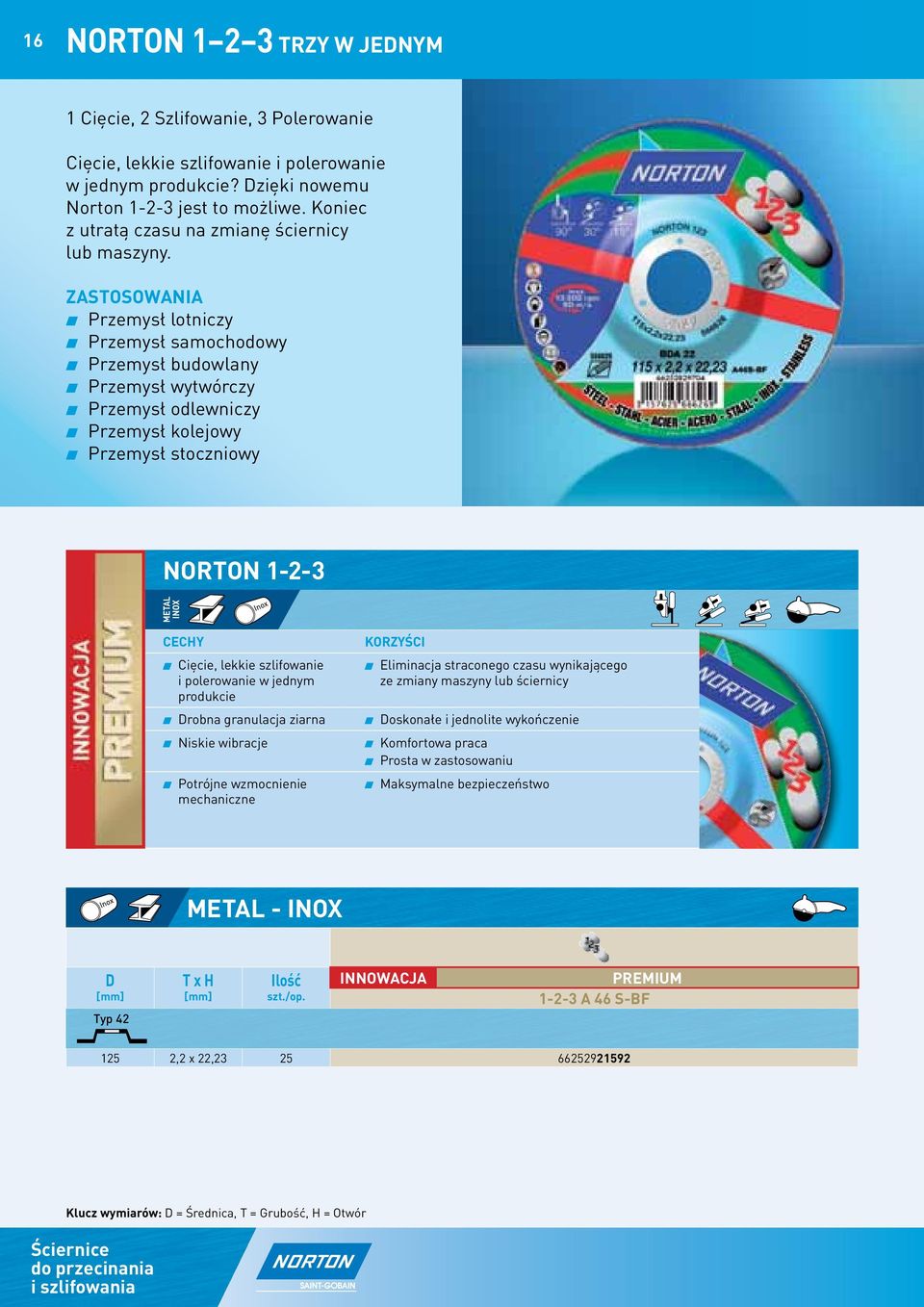 ZASTOSOWANIA Przemysł lotniczy Przemysł samochodowy Przemysł budowlany Przemysł wytwórczy Przemysł odlewniczy Przemysł kolejowy Przemysł stoczniowy NORTON 1-2-3 METAL INOX Cięcie, lekkie szlifowanie