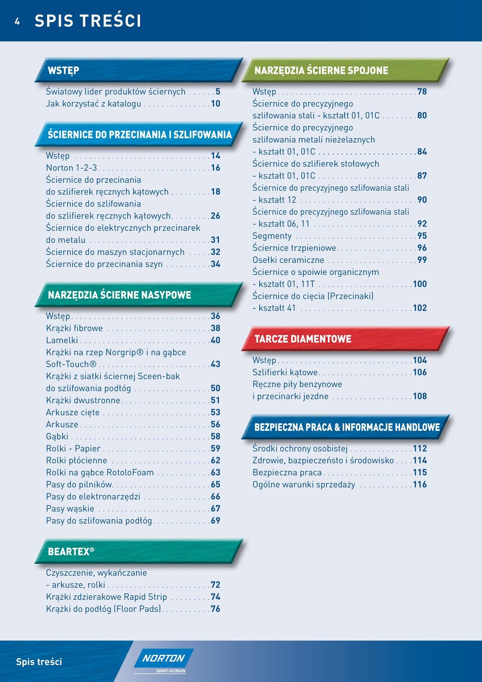 ..31 Ściernice do maszyn stacjonarnych...32 Ściernice do przecinania szyn...34 NARZĘDZIA ŚCIERNE NASYPOWE Wstęp...36 Krążki fibrowe...38 Lamelki.............................40 Krążki na rzep Norgrip i na gąbce Soft-Touch.