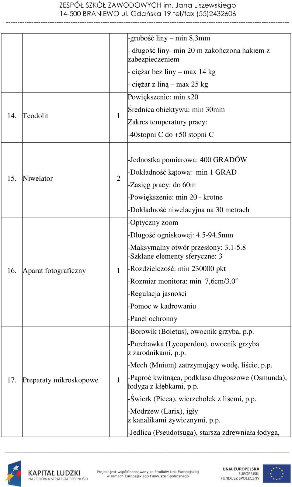 Preparaty mikroskopowe 1 -Jednostka pomiarowa: 400 GRADÓW -Dokładność kątowa: min 1 GRAD -Zasięg pracy: do 60m -Powiększenie: min 20 - krotne -Dokładność niwelacyjna na 30 metrach -Optyczny zoom