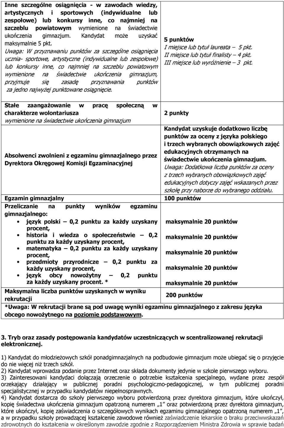 Uwaga: W przyznawaniu punktów za szczególne osiągnięcia ucznia- sportowe, artystyczne (indywidualne lub zespołowe) lub konkursy inne, co najmniej na szczeblu powiatowym wymienione na świadectwie