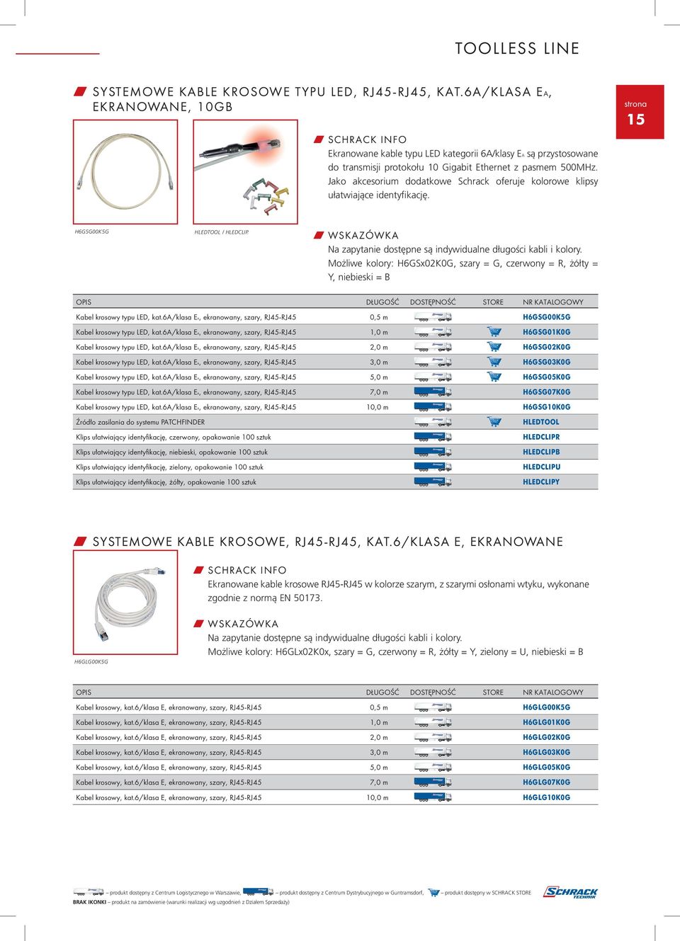 Jako akcesorium dodatkowe Schrack oferuje kolorowe klipsy ułatwiające identyfikację. 15 H6GSG00K5G HLEDTOOL / HLEDCLIP. W WSKAZÓWKA Na zapytanie dostępne są indywidualne długości kabli i kolory.