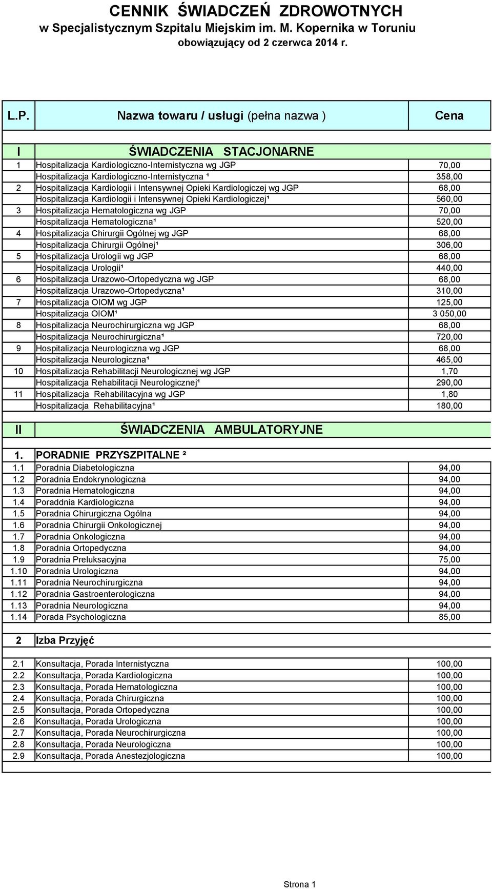 Kardiologii i Intensywnej Opieki Kardiologiczej wg JGP Hospitalizacja Kardiologii i Intensywnej Opieki Kardiologiczej¹ 68,00 560,00 3 Hospitalizacja Hematologiczna wg JGP Hospitalizacja