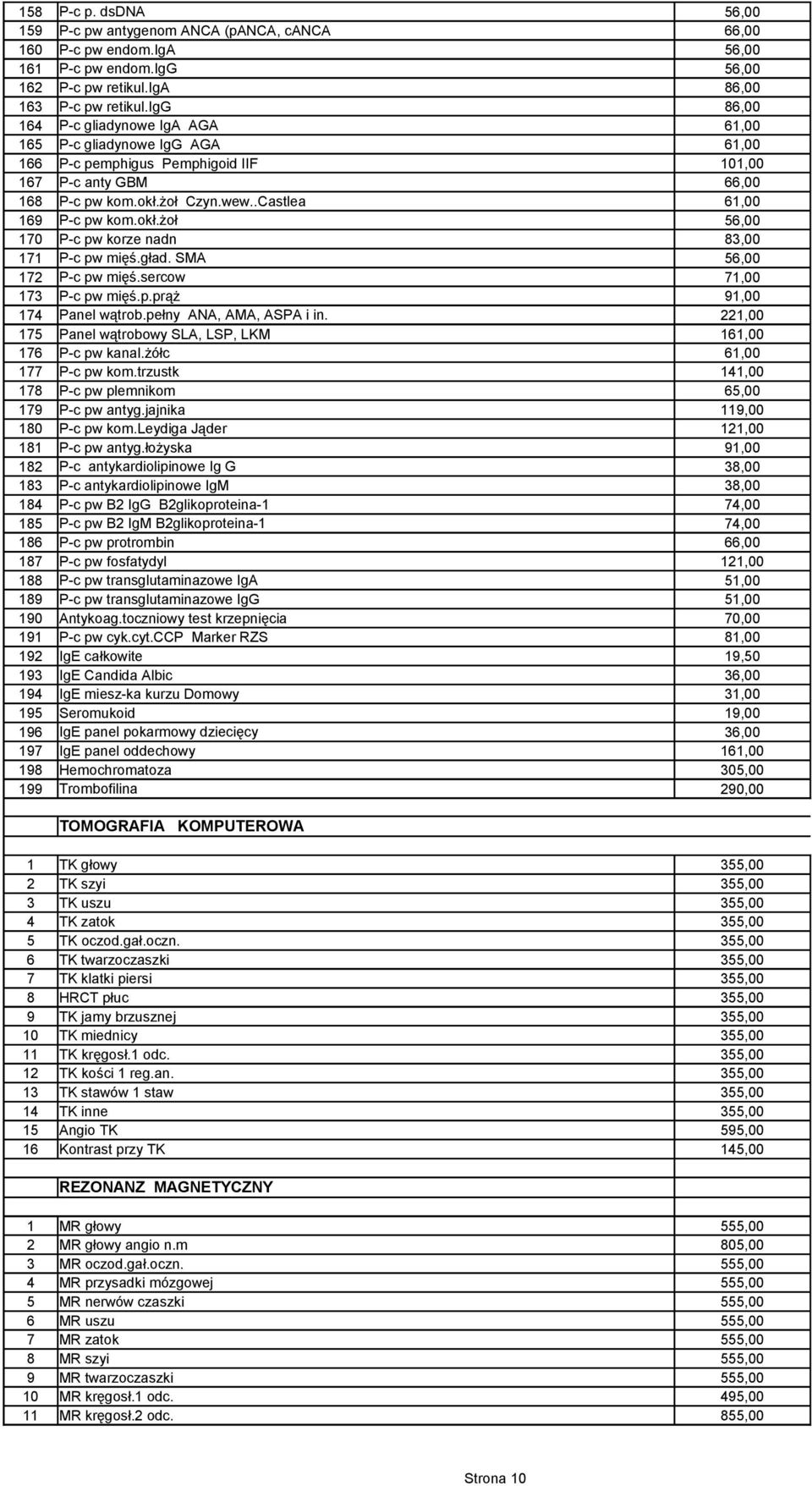 gład. SMA 172 P-c pw mięś.sercow 71,00 173 P-c pw mięś.p.prąż 91,00 174 Panel wątrob.pełny ANA, AMA, ASPA i in. 221,00 175 Panel wątrobowy SLA, LSP, LKM 1 176 P-c pw kanal.żółc 177 P-c pw kom.