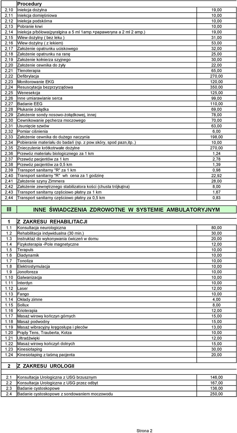 2,20 Założenie cewnika do żyły 22,00 2,21 Tlenoterapia 65,00 2,22 Defibrylacja 270,00 2,23 Monitorowanie EKG 120,00 2,24 Resuscytacja bezprzyrządowa 350,00 2,25 Wenesekcja 1 2,26 Inne umiarawianie