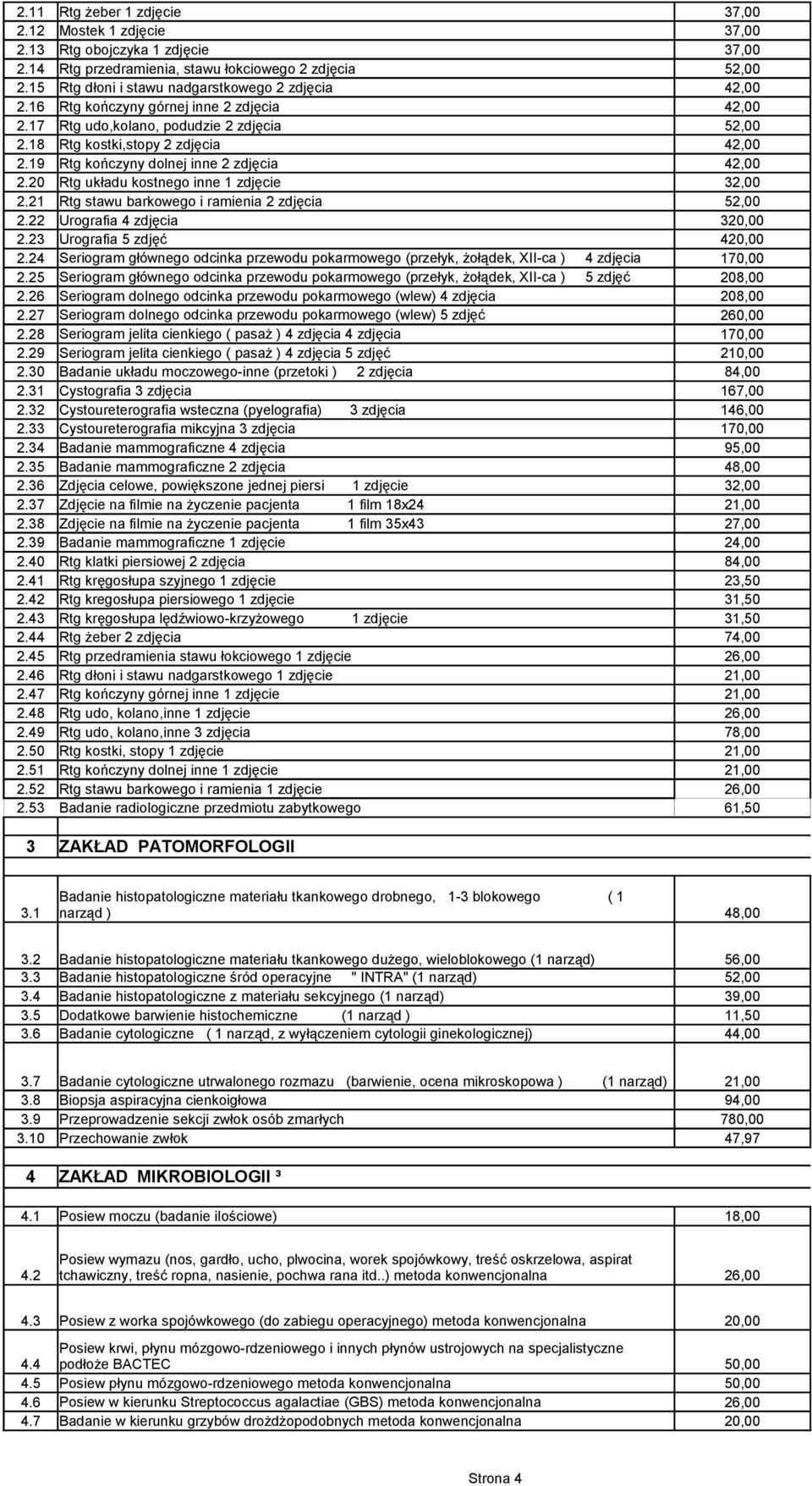 19 Rtg kończyny dolnej inne 2 zdjęcia 42,00 2.20 Rtg układu kostnego inne 1 zdjęcie 32,00 2.21 Rtg stawu barkowego i ramienia 2 zdjęcia 52,00 2.22 Urografia 4 zdjęcia 320,00 2.