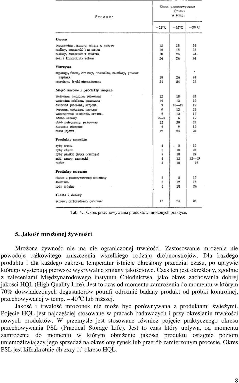 Dla kaŝdego produktu i dla kaŝdego zakresu temperatur istnieje określony przedział czasu, po upływie którego występują pierwsze wykrywalne zmiany jakościowe.