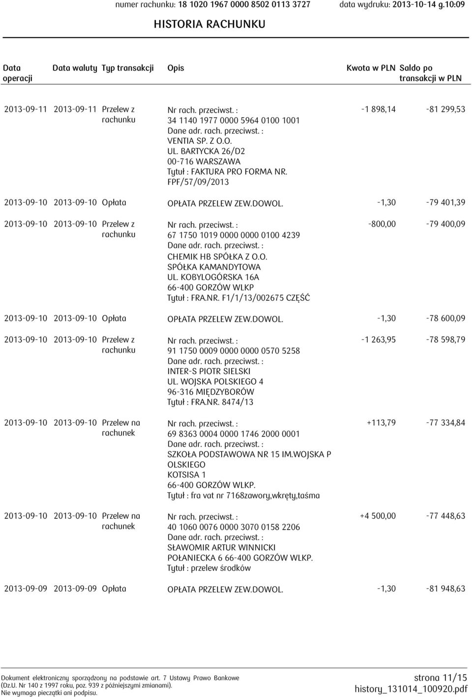 -1,30-79 401,39 2013-09-10 2013-09-10 Przelew z 67 1750 1019 0000 0000 0100 4239 CHEMIK HB SPÓŁKA Z O.O. SPÓŁKA KAMANDYTOWA UL. KOBYLOGÓRSKA 16A Tytuł : FRA.NR.