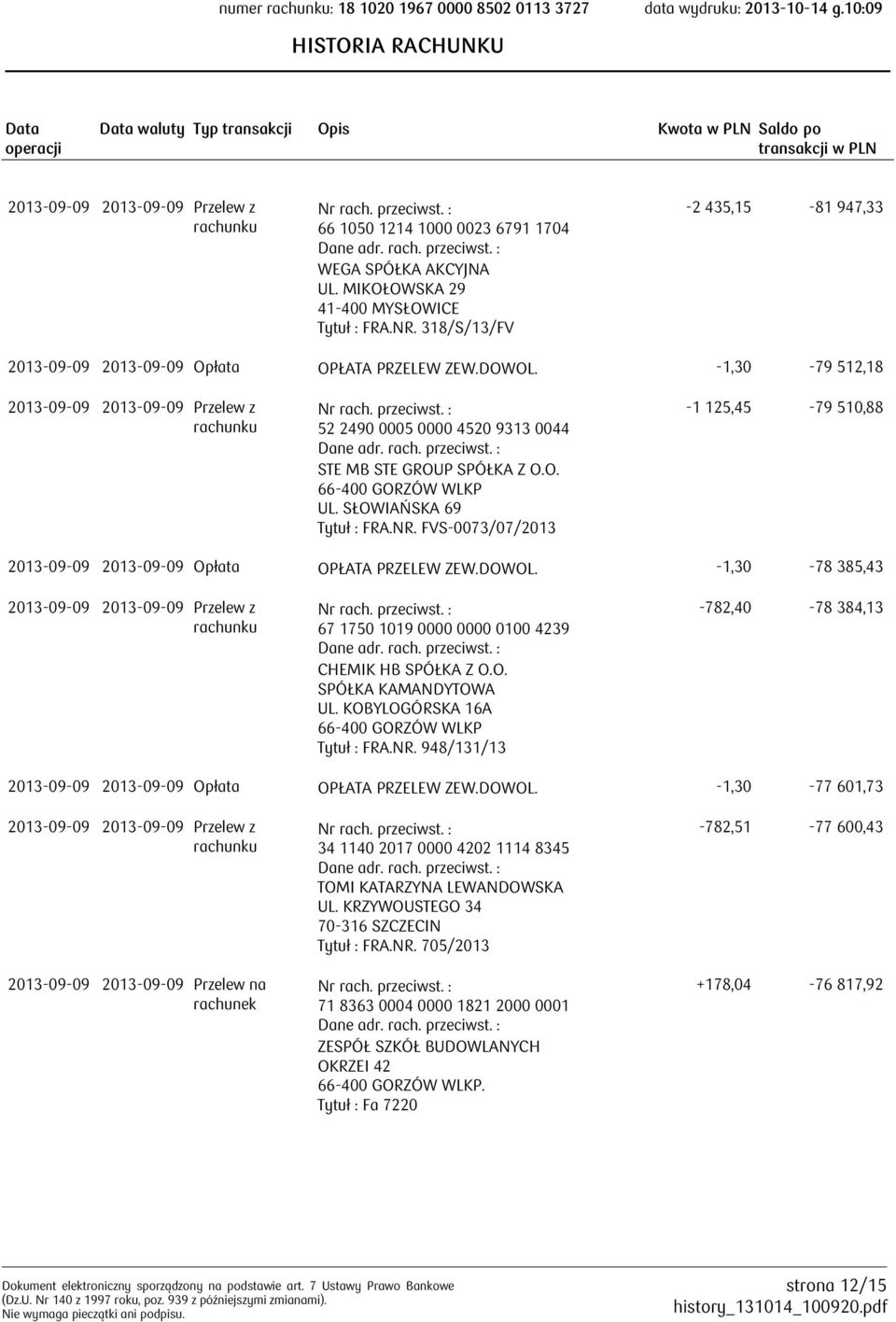 -1,30-79 512,18 2013-09-09 2013-09-09 Przelew z 52 2490 0005 0000 4520 9313 0044 STE MB STE GROUP SPÓŁKA Z O.O. UL. SŁOWIAŃSKA 69 Tytuł : FRA.NR.