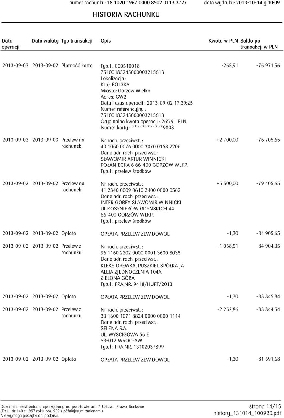 2013-09-03 Przelew na 2013-09-02 2013-09-02 Przelew na POŁANIECKA 6. 41 2340 0009 0610 2400 0000 0562 INTER GOBEX SŁAWOMIR WINNICKI UL.KOSYNIERÓW GDYŃSKICH 44.