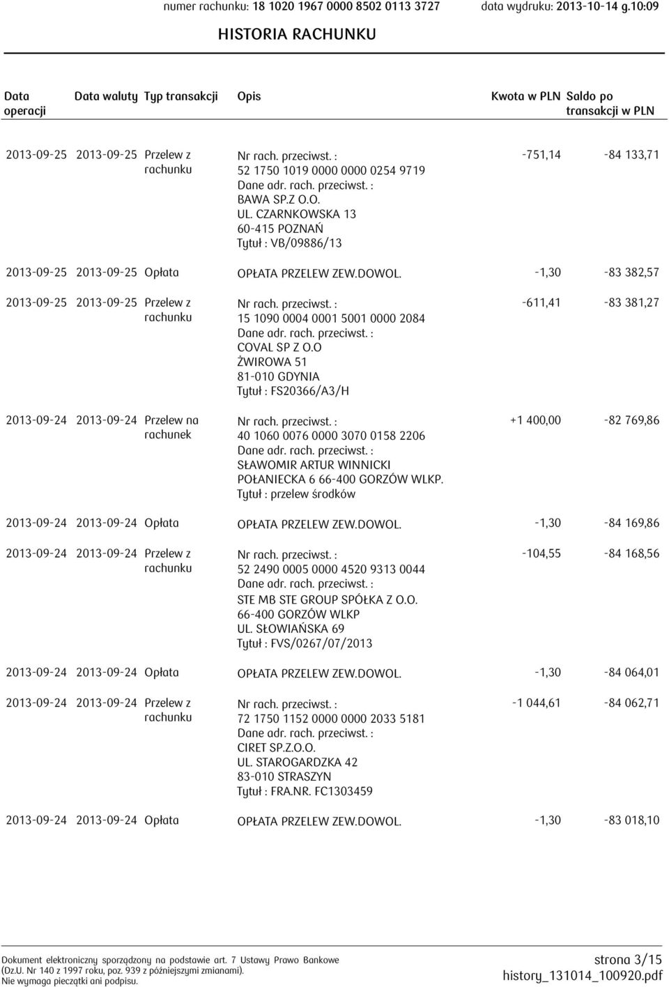 -1,30-83 382,57 2013-09-25 2013-09-25 Przelew z 2013-09-24 2013-09-24 Przelew na 15 1090 0004 0001 5001 0000 2084 COVAL SP Z O.O ŻWIROWA 51 81-010 GDYNIA Tytuł : FS20366/A3/H POŁANIECKA 6.