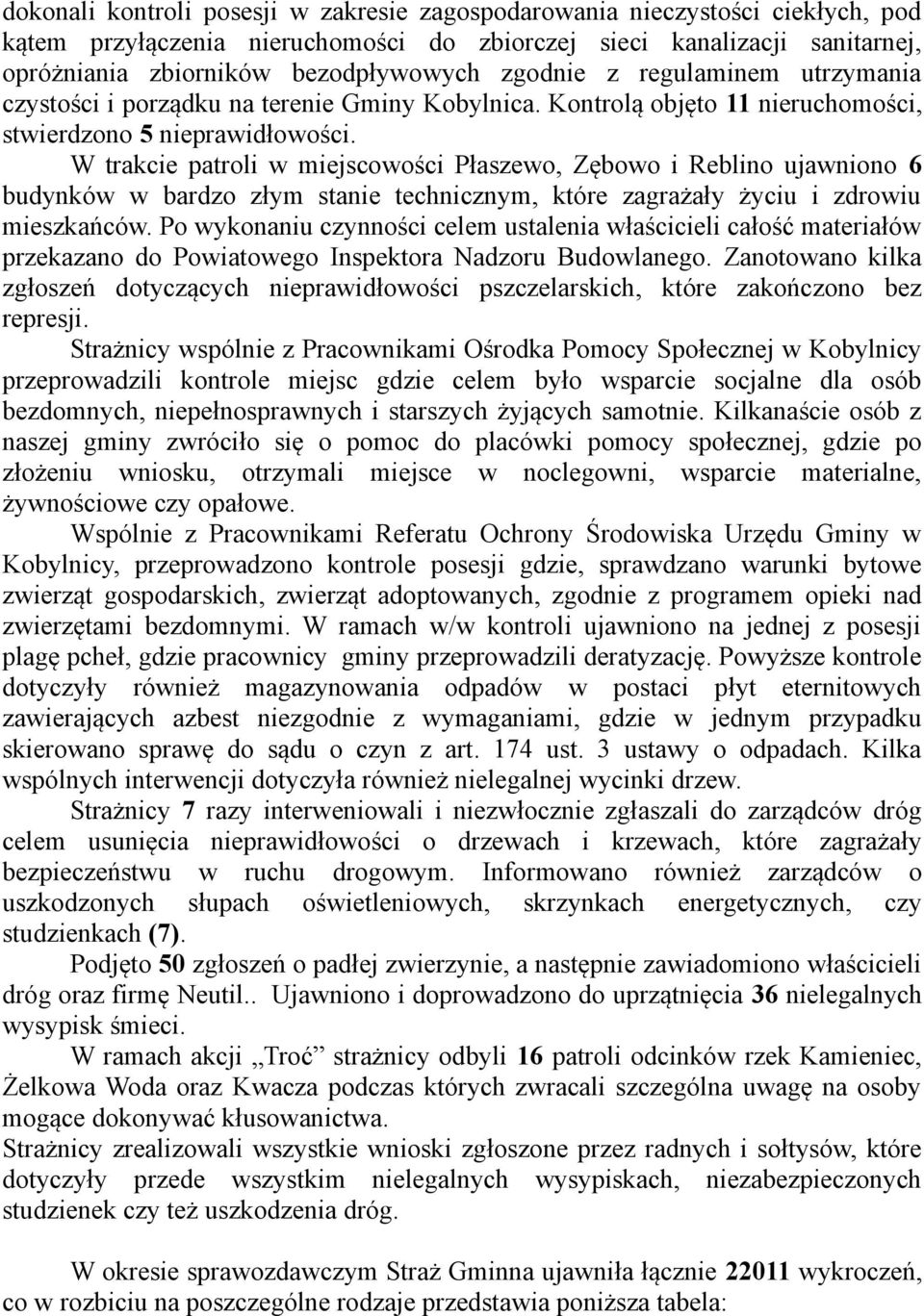 W trakcie patroli w miejscowości Płaszewo, Zębowo i Reblino ujawniono 6 budynków w bardzo złym stanie technicznym, które zagrażały życiu i zdrowiu mieszkańców.