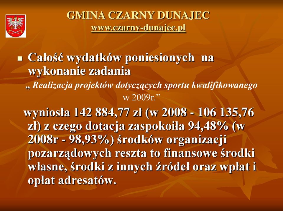 wyniosła 142 884,77 zł (w 2008-106 135,76 zł) z czego dotacja zaspokoiła 94,48% (w