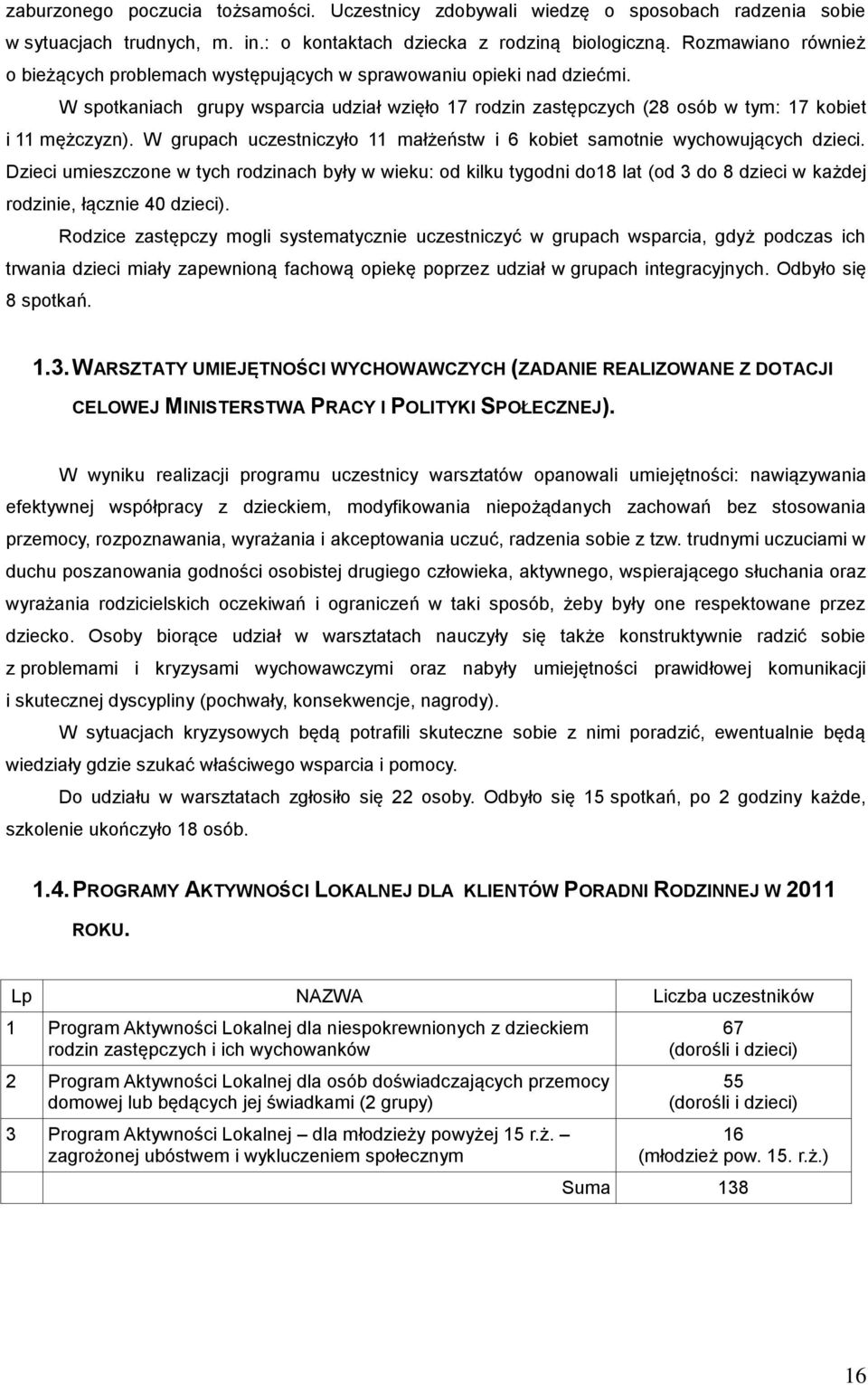 W grupach uczestniczyło 11 małżeństw i 6 kobiet samotnie wychowujących dzieci.