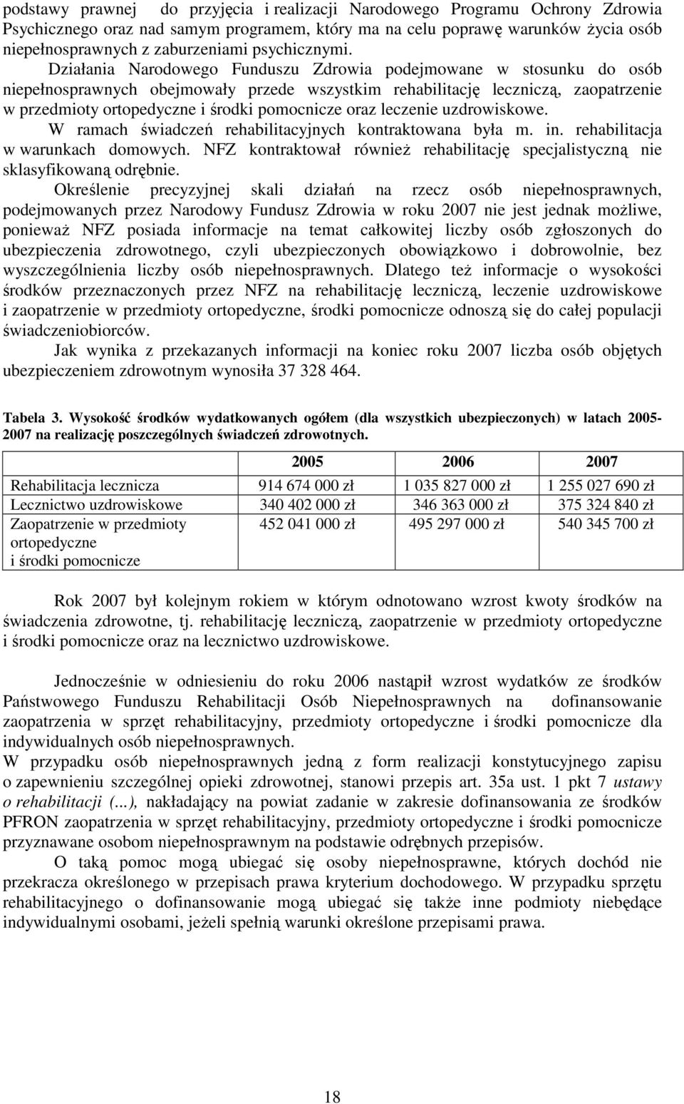 Działania Narodowego Funduszu Zdrowia podejmowane w stosunku do osób niepełnosprawnych obejmowały przede wszystkim rehabilitację leczniczą, zaopatrzenie w przedmioty ortopedyczne i środki pomocnicze