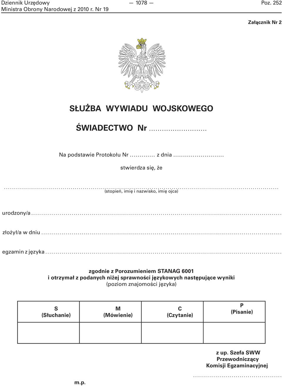 .. zgodnie z Porozumieniem STANAG 6001 i otrzymał z podanych niżej sprawności językowych następujące wyniki